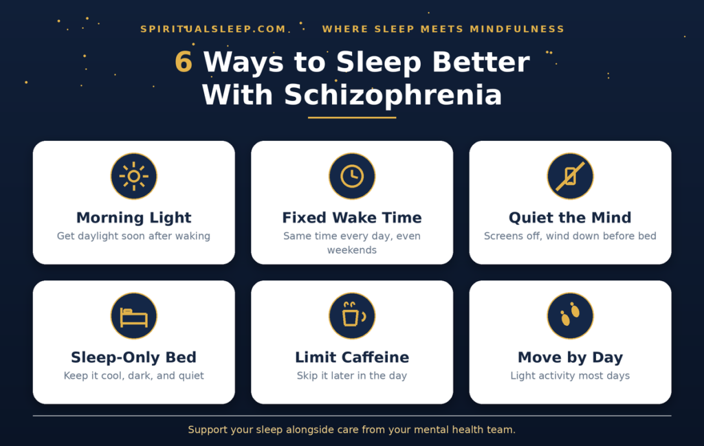 Six ways to sleep better with schizophrenia: morning light, fixed wake time, quiet the mind, sleep-only bed, limit caffeine, and daytime movement