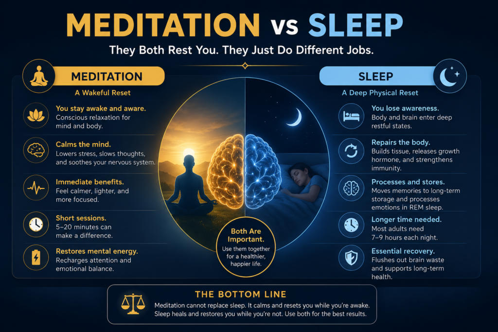 Meditation vs sleep comparison: meditation keeps you awake and lowers stress in 5 to 20 minutes, while sleep is deep unconscious rest that repairs the body over 7 to 9 hours