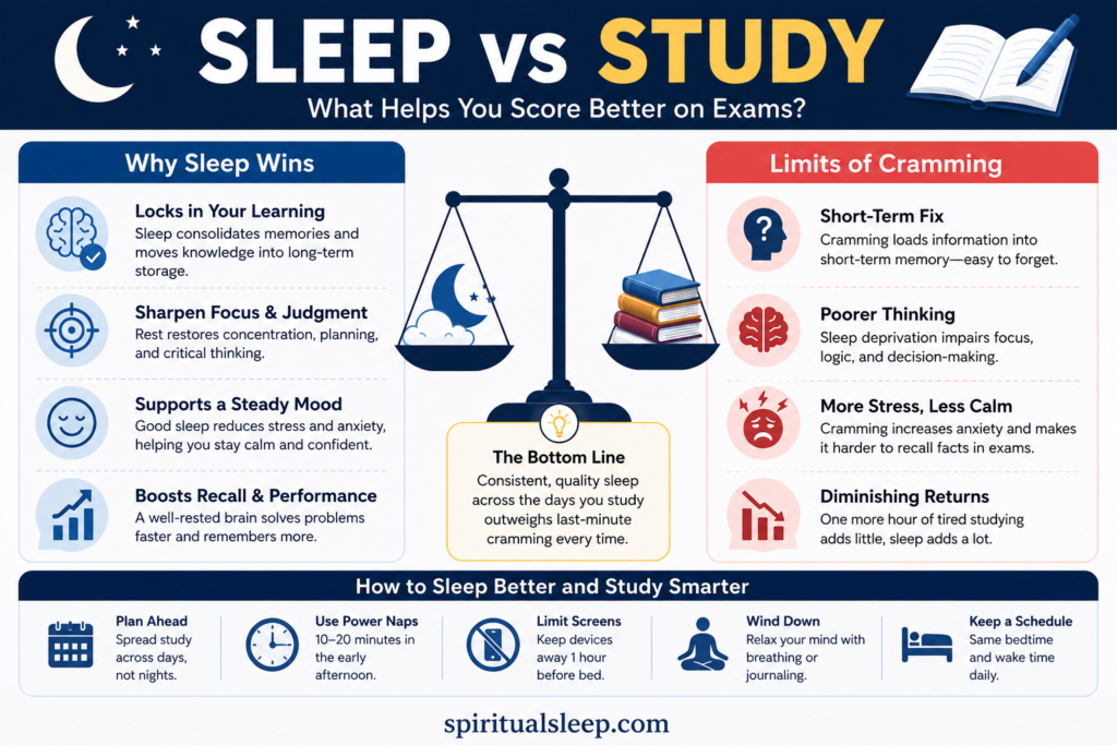 Sleep and Study Sleep and study: should you sleep or cram before an exam? A doctor explains why sleep locks in learning, why all-nighters fail, and how to do both well.